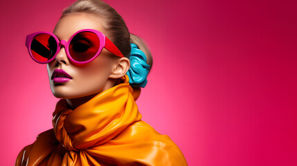 The image features a stylish woman with modern accessories, bright colors, and a bold fashion...