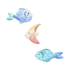 Various sea fish, simple, cartoonish. Watercolor illustration hand drawn with pastel colors turquoise, blue, mint, coral, peach. Set of elements isolated from background.