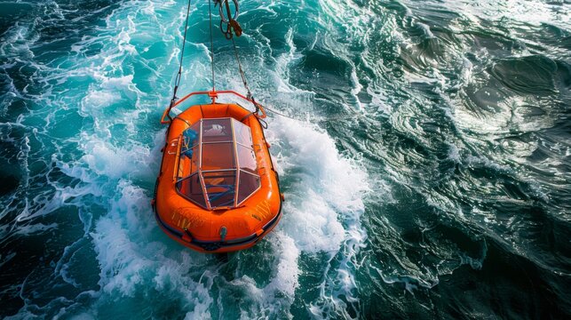 Enclosed lifeboat in orange color, robust construction and well thought out design