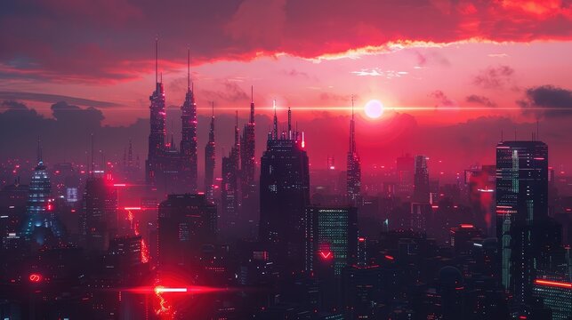 Futuristic city skyline at dusk with neon lights