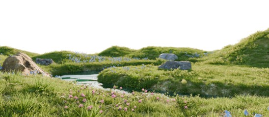 A calm river surrounded by lush greenery and wild flowers. 3D rendering.