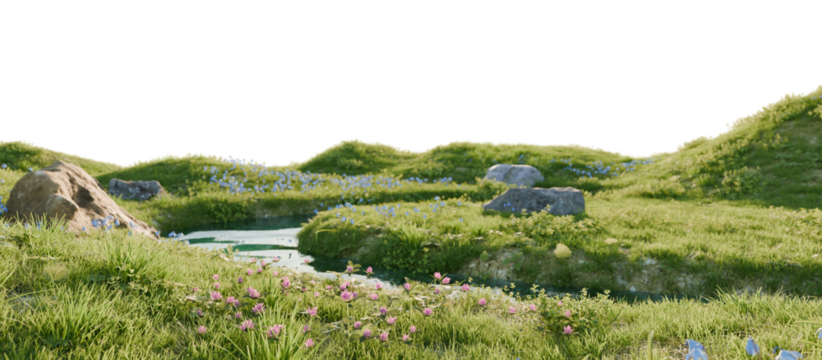 A calm river surrounded by lush greenery and wild flowers. 3D rendering.	
