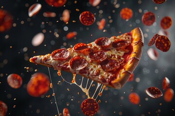 A flying slice of pepperoni pizza with stretching cheese on a black background.