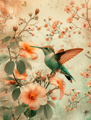 Photography of a fine art of a hummingbird surrounded by flowers overlay in shades of Peach Fuzz.