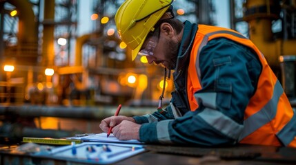 Safety officer or manager conducting audit and inspection at an oil field