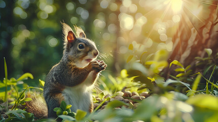 A diurnal squirrel gathering nuts under the midday sun