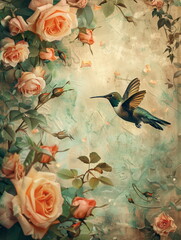 Photography of a fine art of a hummingbird surrounded by flowers overlay in shades of Peach Fuzz.