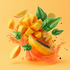 Vibrant tropical flavors like mango and papaya swirling together in a burst of fruitiness 3d...