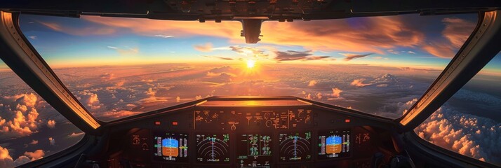Spectacular sunset from an airplane cockpit