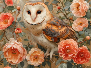 Photography of a fine art of owl surrounded by flowers overlain in shades of Peach Fuzz