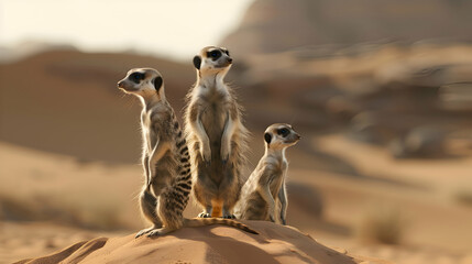 A family of meerkats standing alert on the desert sand
