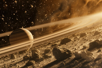 A mesmerizing space illustration featuring Saturn with its intricate ring system amidst a field of floating asteroids and distant stars - obrazy, fototapety, plakaty
