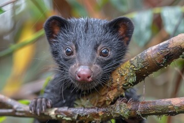 Small Black Animal Perched on Tree Branch