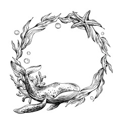 Underwater world clipart with sea animals whale, starfish, coral and algae. Graphic illustration hand drawn in black ink. Circle wreath, frame EPS vector.