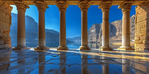 Majestic stone pillars under a clear blue sky