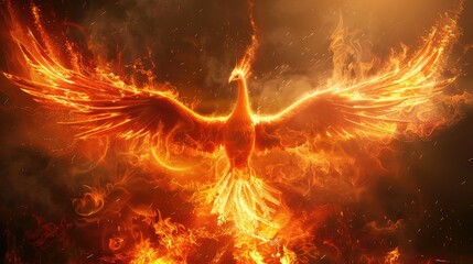 Mythical Fire bird phoenix with wings spread out - obrazy, fototapety, plakaty