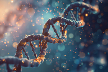 Close-up 3D illustration of a DNA double helix with glowing nodes, symbolizing the building blocks of life and genetics - obrazy, fototapety, plakaty