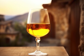 A full glass of amber wine stands on a rustic balcony's edge, with an old village in the soft-focus background during sunset. Golden Wine Glass on Rustic Balcony