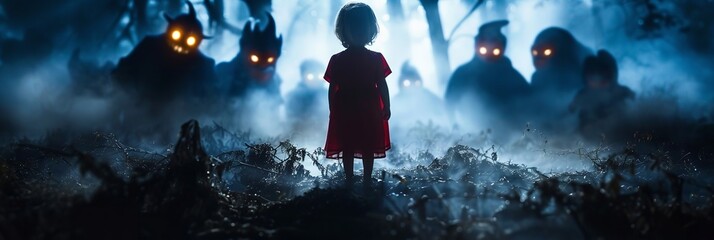 a child standing fearlessly as mysterious, shadowy monster figures with glowing eyes - obrazy, fototapety, plakaty