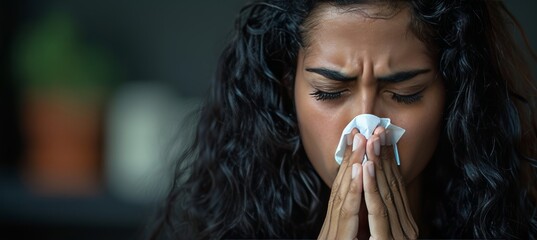 Woman blowing nose into tissue with space for text, ideal for health related messaging