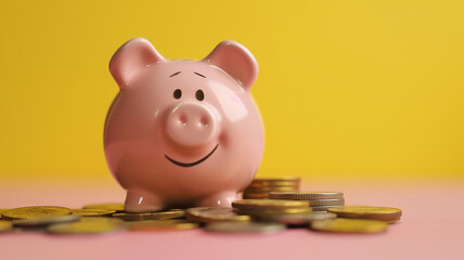 Piggy bank and golden coins on a yellow background,  saving money for investments or to buy a new house concept. 