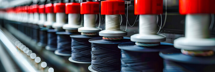 Colorful Spools of Thread in Industrial Sewing Setting, Innovation and Design in Textile Manufacturing - obrazy, fototapety, plakaty