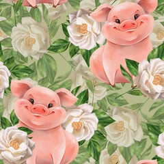 Seamless pattern with cute piglet and flowers. Floral design for background, wrapping paper, cards, textile.