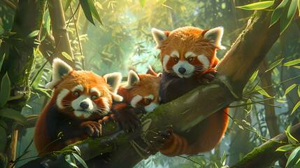 A family of red pandas playing in the branches of a bamboo forest