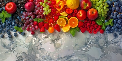 Obraz na płótnie Canvas Vibrant array of nutritious fruits and vegetables arrayed on a chic marble surface