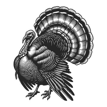 turkey farm bird in a vintage style sketch engraving generative ai vector illustration. Scratch board imitation. Black and white image.