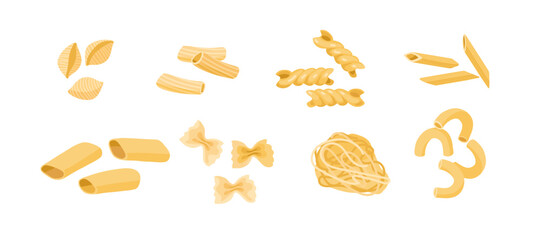 Pasta types. Pasta collection. Flat style isolated on white background. Carbohydrate diet. Nutrient complex diet vector illustration. Traditional Italian Food for Menu, shop, packaging.