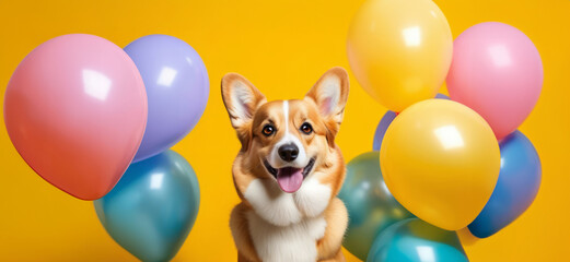 Fototapeta na wymiar Cute dog with balloon on yellow background. Birthday holiday concept.