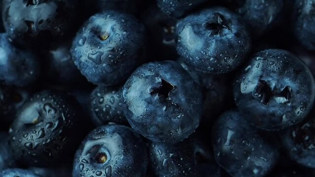 rotating delicious fresh blueberries with water drops. flatlay. close-up. selective focus