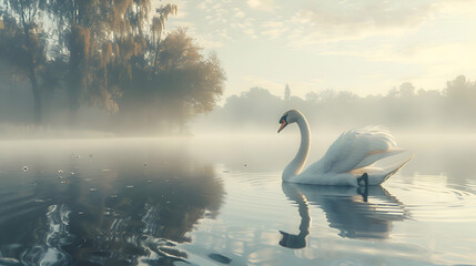 A graceful swan gliding across a tranquil lake