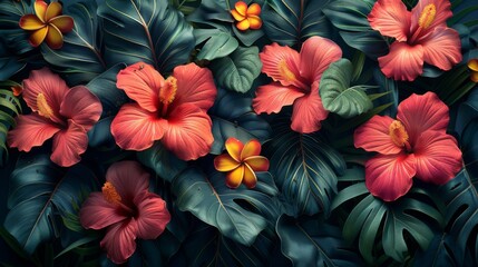 A lush tropical foliage pattern, featuring exotic flowers, dense jungle leaves, reflecting the untouched natural beauty created with Generative AI Technology
