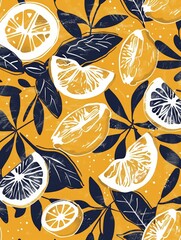 Bright yellow background filled with vibrant lemons and green leaves