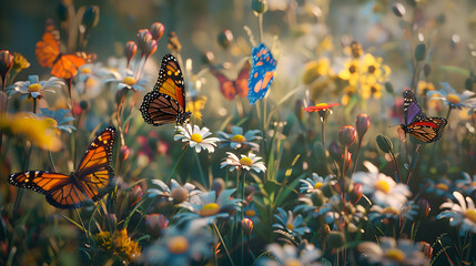 A group of colorful butterflies fluttering among wildflowers