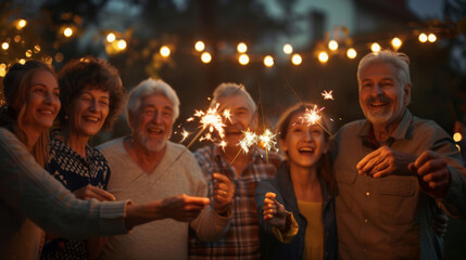 A family with sparklers are smiling and enjoying a festive evening outdoors.