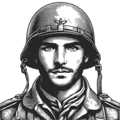 Fotobehang soldier portrait wearing a military helmet in a vintage engraving style sketch engraving generative ai fictional character vector illustration. Scratch board imitation. Black and white image. © Oleksandr Pokusai