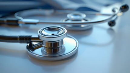 A stethoscope lies on a smooth blue fabric surface.