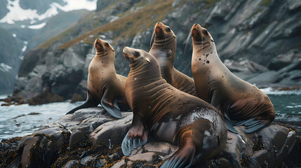 A group of playful sea lions basking on a rocky shore