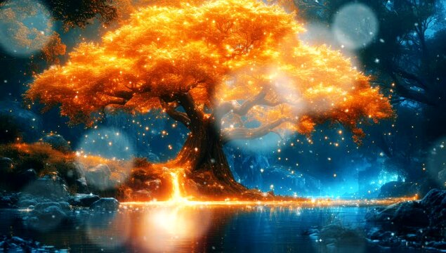 The glowing tree filled with beautiful symbols of eternity glows with glittering shards of light scattered along with the flowing river adding to the magical atmosphere