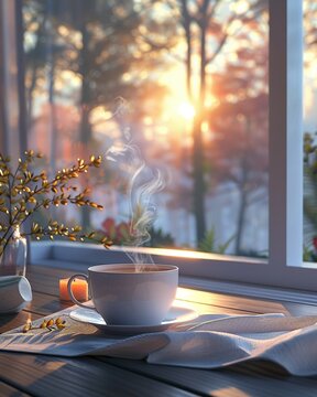 Mindful tea drinking ritual, observing sensations, warm cup, serene break, clear morning , 3D render