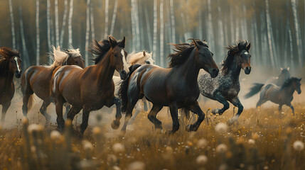 A group of wild horses galloping across an open plain