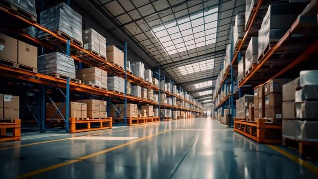 A large warehouse with numerous items, Rows of shelves with boxes, Logistics, Inventory control. Generative AI. 