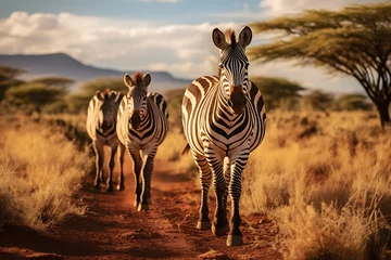 Deurstickers a group of zebras walking across the savanna © Breyenaiimages