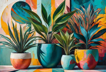 Still life with plants and pots. oil pastel modern abstract painting.