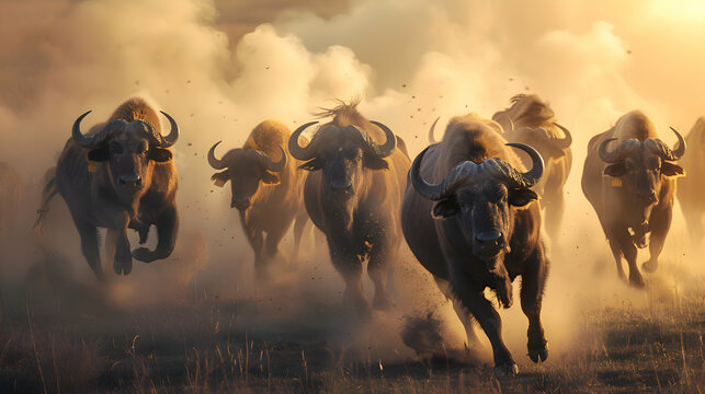 A herd of buffalo kicking up dust as they stampede