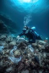 Naklejka na ściany i meble Scuba diver removes plastic trash underwater