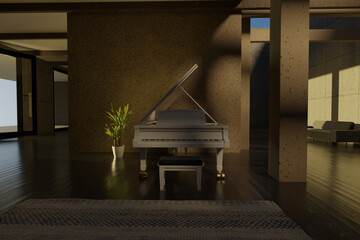 3D rendering of luxury spacious lounge with piano and wooden floor